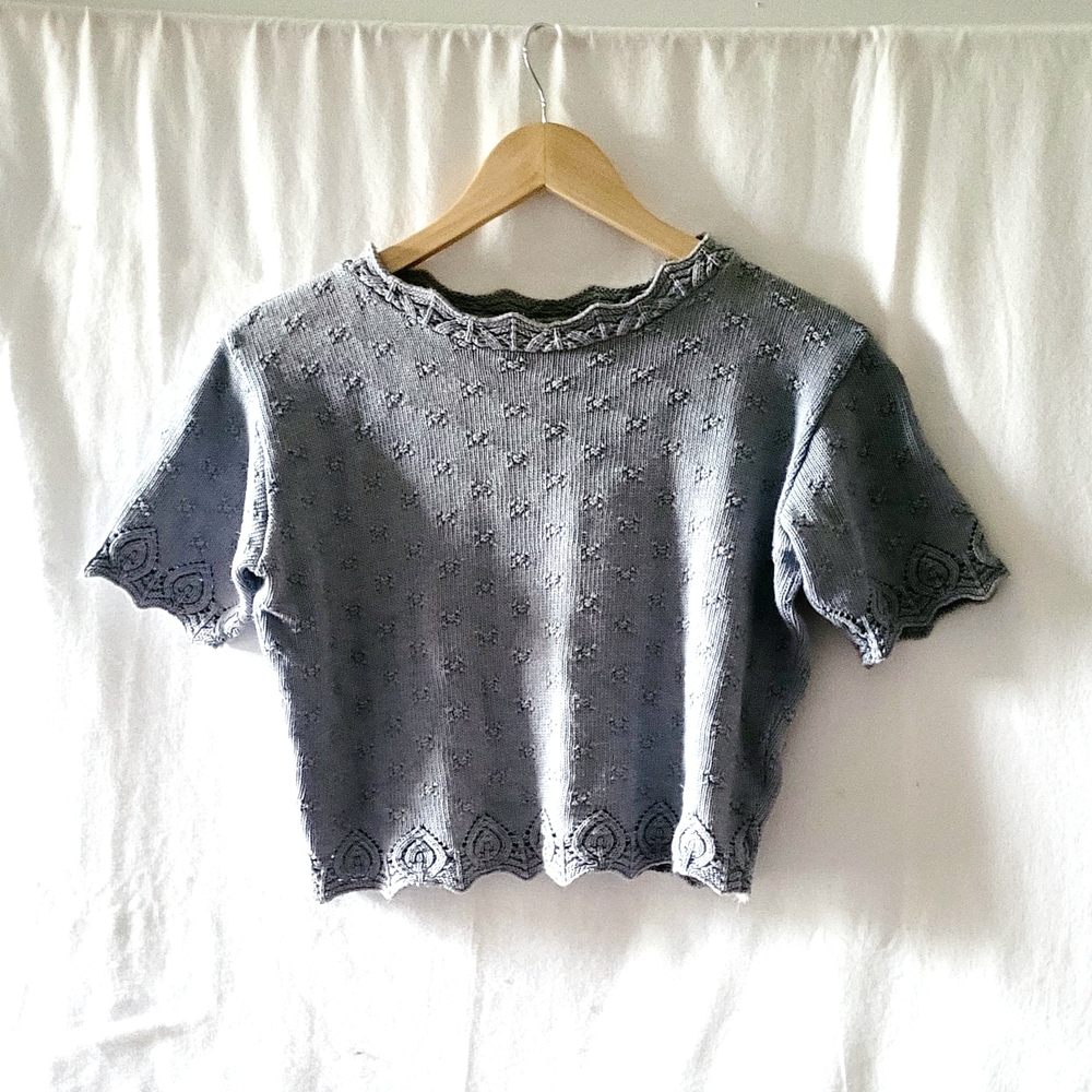 Crocheted Grey Lilac Crop Top Cotton Short-Sleeve Top